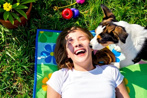 Close-up, top-down view of a teenage girl lying on a vibrant picnic blanket spread out on the green lawn of a sunny backyard garden. She’s laughing joyfully as a playful puppy stands beside her head, licking her ear. Her eyes are closed from laughter, and her expression is full of pure delight. The blanket is colorful — with bright patterns like florals or stripes — contrasting against the lush grass. Around them, soft natural sunlight filters through tree leaves, casting dappled shadows and warm highlights across her face, hair, and the puppy’s fur. Flowers, garden plants, or scattered toys add playful detail in the background. A lively, heartwarming outdoor moment filled with summer energy and color.