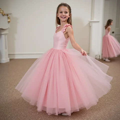 The girl puts on a dress.
