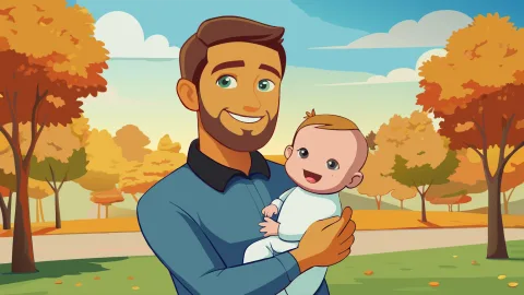 Father holding his baby in a sunlit park, candid emotion, detailed facial features, colorful autumn background, bokeh effect, Leica look