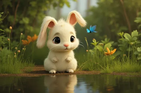 Animate a front-facing 3D bunny character (Bolota) sitting near the edge of a calm, mirrored lake. The bunny slowly blinks and lowers his head slightly in a sad expression. A gentle blue butterfly flutters slowly from the background, circles once, and lands softly on the bunny’s nose. After a second, Bolota slightly lifts his head and his ears perk up a little as his eyes widen with gentle surprise. Subtle water reflection ripples below. Soft breeze moves the leaves in the background.