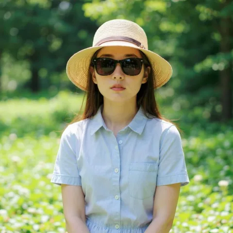 A girl with a hat and sunglasses is in the garden.