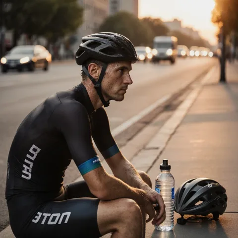 A cyclist resting on a curbside with a reusable water bottle and helmet beside him. Sweat on his brow, spandex gear catching the evening sun, and passing traffic slightly blurred in the background.
