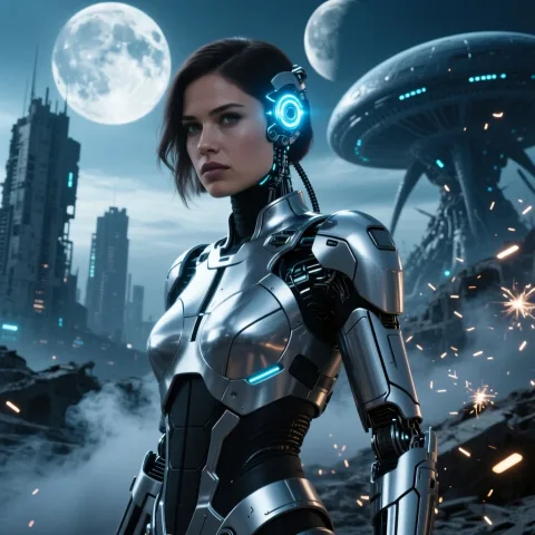 Movie poster of a determined female cyborg warrior in futuristic silver streamlined armor, standing against the backdrop of massive alien city ruins with two moons in the sky. Dynamic composition, close-up shot focusing on her face and glowing cybernetic eye. Dramatic, cool-toned lighting with strong rim light defining her silhouette, smoke and sparks in the air. Epic and narrative atmosphere, ultra-detailed, photorealistic, cinematic rendering.




