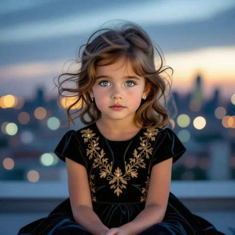 (award-winning cinematic photo of a 6-year-old girl tmtvSophiaDW), ((angelic face of tmtvSophiaDW)), sitting on a rooftop at twilight, black velvet dress with gold embroidery, soft wind blowing her curls, intense blue eyes reflecting city lights, subtle glitter makeup under eyes, glowing skin, melancholic expression, photorealistic, city skyline bokeh in background, shallow depth of field, dark moody color palette, masterpiece, ultra detailed, 85mm lens, cinematic lighting

