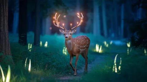 A magical deer with glowing antlers walks through an enchanted forest, bioluminescent plants lighting the scene, dreamy lighting, fantasy world, fairytale-like animation, slow camera zoom