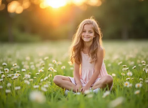 A serene countryside portrait of a smiling girl sitting cross-legged in a lush green meadow dotted with daisies. The late afternoon sun wraps the scene in soft, warm light, and her simple dress billows slightly in the breeze.