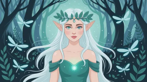 Elven princess in a glowing forest, wearing a crown of leaves, long flowing hair, bioluminescent fireflies surrounding her, ethereal atmosphere