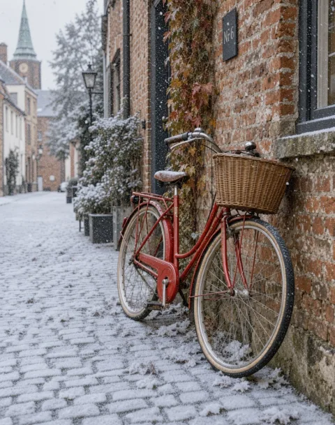 Turn it into a snowy winter morning: light snow falling and settled on the cobblestones and the bicycle seat. Keep the bicycle, the wall and the framing the same.