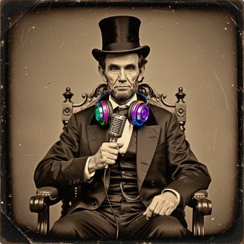A vintage 1860s sepia-toned daguerreotype photograph. It depicts a serious Abraham Lincoln sitting in a formal chair, wearing his traditional suit and top hat, but he is wearing large, colorful, modern DJ headphones around his neck and holding a shiny silver microphone. The photo has scratches, dust particles, and heavy vignette typical of the 19th century, but the modern equipment looks physically present in the scene, not just pasted on.