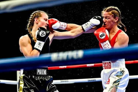 B0x13ng Boxing video two boxers are in the ring, but one of them is significantly shorter than the other. The shorter female fighter in black shorts is aggressively throwing punches, trying to reach his taller opponent. The taller fighter, wearing black shorts, simply holds out his glove on the shorter fighter’s forehead, keeping her at a frustrating distance.