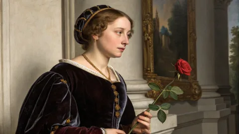 Renaissance-style oil painting of a noblewoman in a velvet dress, holding a rose, soft Rembrandt lighting, detailed brush textures, realistic eyes and skin