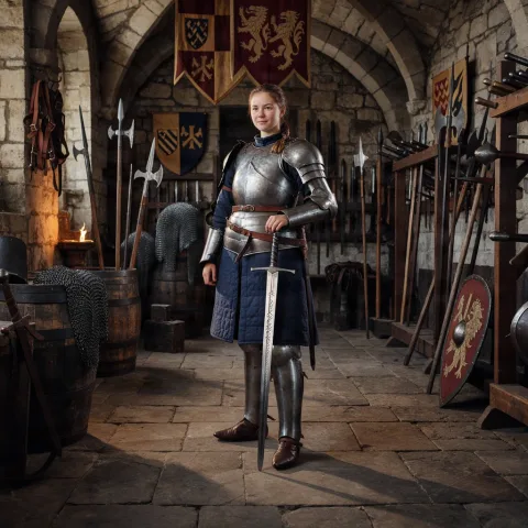 A young female knight standing inside a medieval armory, wearing realistic silver plate armor over dark blue fabric, one hand resting on an engraved longsword. Chainmail, leather belts, metal buckles, weapon racks, and banners surround her. Cinematic Western fantasy realism, detailed armor and fabric textures.