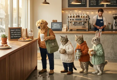 a group of animals standing in line to buy coffee, side view, anthropomorphic animals, a dog, a cat, a raccoon and a rabbit waiting in a queue, holding coffee cups, modern coffee shop counter, barista in background, casual daily scene, natural behavior, soft morning light, realistic environment, cinematic composition, 35mm photography, shallow depth of field, warm tones, high detail, ultra realistic