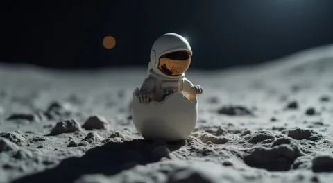 a tiny astronaut hatching from an egg on the moon