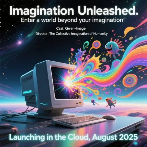 A movie poster. The first row is the movie title, which reads "Imagination Unleashed". The second row is the movie subtitle, which reads "Enter a world beyond your imagination". The third row reads "Cast: Qwen-Image". The fourth row reads "Director: The Collective Imagination of Humanity". The central visual features a sleek, futuristic computer from which radiant colors, whimsical creatures, and dynamic, swirling patterns explosively emerge, filling the composition with energy, motion, and surreal creativity. The background transitions from dark, cosmic tones into a luminous, dreamlike expanse, evoking a digital fantasy realm. At the bottom edge, the text "Launching in the Cloud, August 2025" appears in bold, modern sans-serif font with a glowing, slightly transparent effect, evoking a high-tech, cinematic aesthetic. The overall style blends sci-fi surrealism with graphic design flair—sharp contrasts, vivid color grading, and layered visual depth—reminiscent of visionary concept art and digital matte painting, 32K resolution, ultra-detailed.