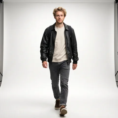Change the background to a sleek, professional photography studio with clean white walls, and the man is looking at the camera.