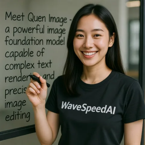A beautiful Chinese woman wearing a "WaveSpeedAI" T-shirt is smiling at the camera with a black marker. Behind her, a glass panel reads in handwriting, "Meet Qwen Image - a powerful image foundation model capable of complex text rendering and precise image editing."