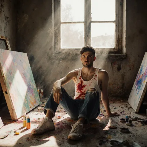 A man in his 20s sitting on a messy art studio floor, surrounded by unfinished canvases and paint tubes. He wears a white tank top stained with color, and ripped jeans. Sunlight pours through a dusty window, casting shadows across the floor.