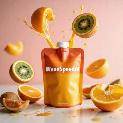 Replace 'KONTEXT' with 'WaveSpeedAI' on the juice pouch, keeping the same bubbly font style,gradient colors, soft shadow, and exact position.
