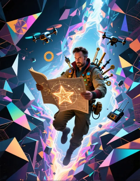 Surreal sci-fi movie poster. A dimensional cartographer in functional explorer's gear, adorned with various strange measurement tools and floating recording drones. He is levitating within an interdimensional rift composed of fractured realities, geometric shapes, and distorted space, holding an unfolded, glowing holographic star map. The composition is zero-gravity, surreal, and M.C. Escher-esque. The lighting is sourced from the chaotic, multicolored, and unstable light of the rift itself, giving the scene a beautiful yet chaotic feel. The image is abstract and imaginative, full of curiosity and the spirit of exploration, with visuals similar to the Mirror Dimension from "Doctor Strange".







