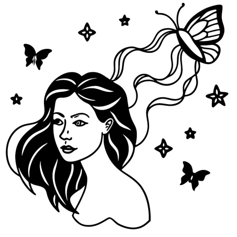 A woman with butterflies emerging from her hair, floating in a weightless dreamscape