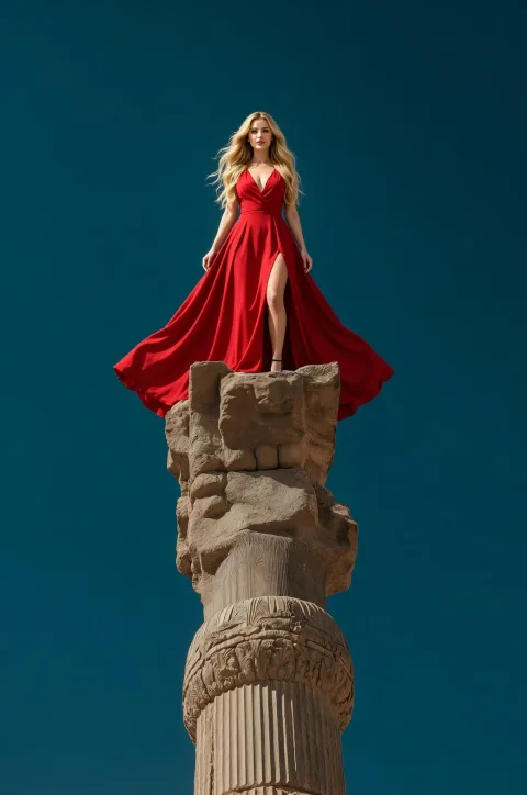 Replace the man with a beautiful woman with long blonde hair and a low-cut red dress.