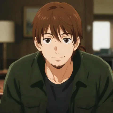 A handsome anime-style man in his early 30s with medium-length wavy chestnut brown hair, slightly tousled with natural volume, and a well-groomed short beard. He sits in a warm-lit café interior, facing the camera with a gentle, relaxed smile and kind eyes. His eyes are large and expressive in classic anime style, with warm brown irises and soft highlights. He wears a dark olive-green casual jacket over a dark inner shirt, with the collar slightly open. The background shows a cozy café atmosphere with blurred warm wooden furniture, soft ambient lighting, and hints of windows casting golden light. The lighting is soft and warm, coming from the upper left, creating gentle shadows on the right side of his face. The art style is high-quality Japanese anime illustration with clean line art, smooth cel-shading, and warm color palette. The composition is a close-up portrait from chest up, with shallow depth of field. Makoto Shinkai cinematic style, detailed anime illustration, 4K quality.