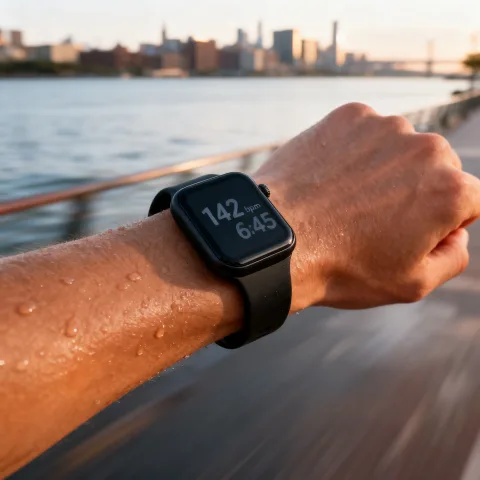 Show this smartwatch worn on a runner's wrist during an early morning jog along a city waterfront, the screen displaying a heart rate of 142 bpm and the time 6:45, sweat droplets, motion blur background, sporty commercial photography. No logos.