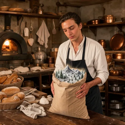Transform the flour inside the open sack into a tiny snow-covered mountain range with miniature peaks, valleys, pine trees, and a narrow climbing trail, while keeping the sack itself unchanged.
Preserve the baker’s exact identity, pose, clothing, flour sack, bakery environment, counter, and lighting.
The miniature landscape should still visually read as fine flour and remain physically contained inside the bag. Whimsical photorealistic food surrealism, highly detailed.