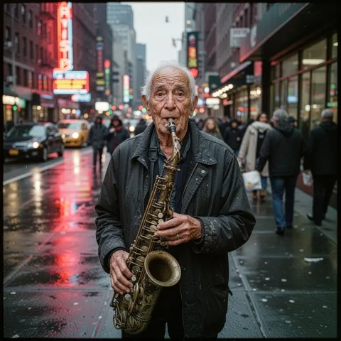 A candid street photograph of an elderly saxophone player on a bustling New York sidewalk at dusk. His face is expressive and wrinkled, and his instrument is tarnished. Wet pavement reflects neon signs and car lights. Shot on 35mm film, natural grain, documentary style.