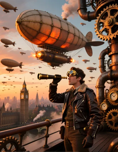 Retro steampunk adventure movie poster. An explorer in a leather flight jacket and brass goggles stands on the deck of a massive steam airship, holding a telescope and gazing into the distance. The background is a Victorian-era London cityscape, surrounded by giant gears, pipes, and steam machinery, with countless small airships traversing the sky. Composition emphasizes the complexity of machinery and the character's bravery. Soft orange light of dusk, mixed with the fiery glow from the airship's engines, creating strong light and shadow contrast. The image is full of industrial aesthetics and adventurous spirit, with exquisite details of gears, rivets, and gauges, painterly texture, Unreal Engine rendering, 8K.




