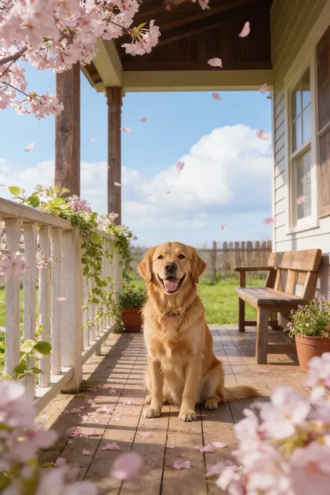 I want to generate 4 images. Show this same golden retriever in four seasons on the same farmhouse porch: spring with cherry blossoms, summer with bright sunshine, autumn with falling orange leaves, and winter with fresh snow. Keep the dog's look consistent in every image.