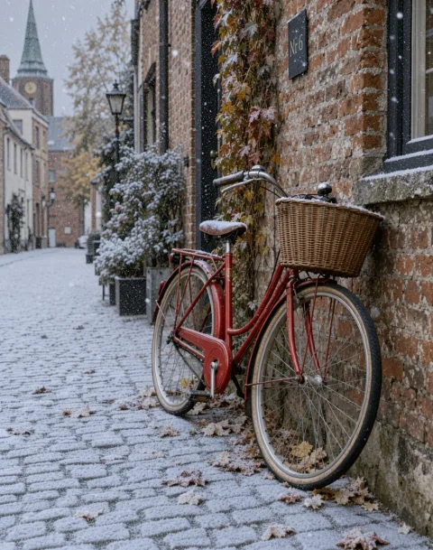 Turn it into a snowy winter morning: light snow falling and settled on the cobblestones and the bicycle seat. Keep the bicycle, the wall and the framing the same.