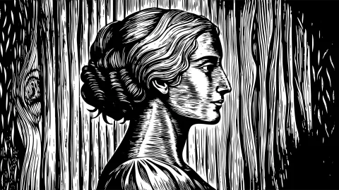 Traditional wood engraving of a woman in profile, botanical background, fine linework, 19th-century style, monochrome, rustic tone