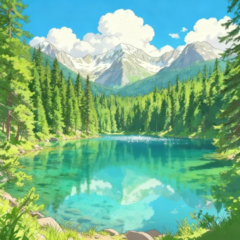 Redraw this landscape in a hand-painted anime film style with soft cel shading, fluffy cumulus clouds, lush saturated greens and sparkling water, keeping the lake, forest and mountains composition.