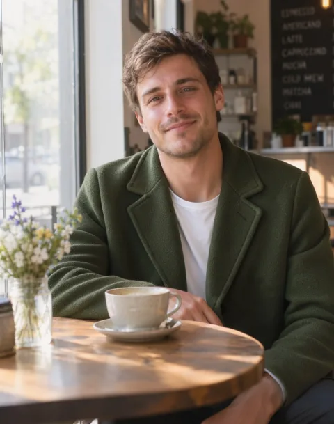 Change the denim jacket to a dark green wool overcoat. Keep the man, his pose, the cafe and the lighting exactly the same.