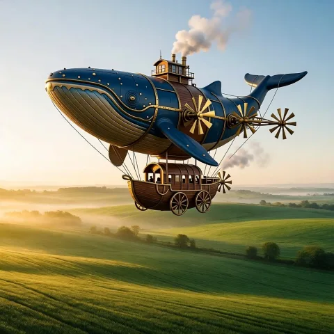 Replace the hot air balloon with a whimsical steampunk airship shaped like a whale, with brass propellers and a wooden gondola, floating over the same misty fields at sunrise.