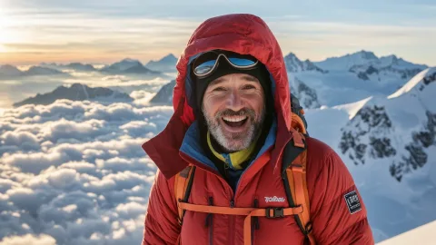 Wide-angle shot of a determined middle-aged male mountaineer standing on a snowy summit at sunrise, with a magnificent sea of clouds in the background. He is wearing professional climbing gear, his face is weathered, and his beard has frost on it, but his eyes show immense joy and accomplishment. He holds a trekking pole, gazing into the distance. Warm, epic, and holy lighting.

