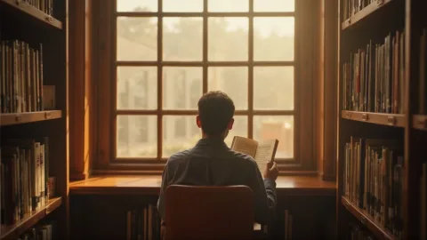 a person sitting by a large window in a library, reading a book, viewed from behind, warm ambient lighting, soft dust in the air, calm atmosphere, no facial features
