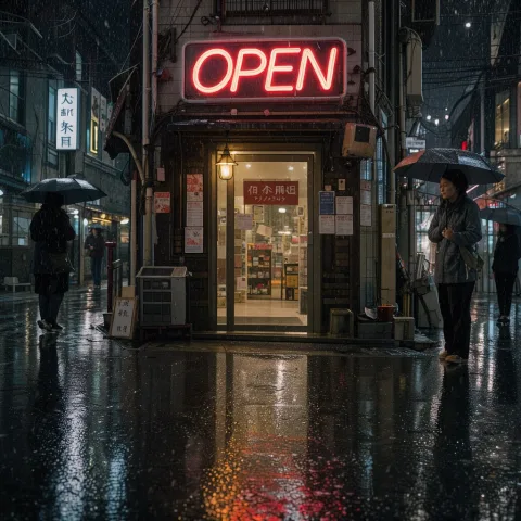 A neon sign reading OPEN above the doorway of a small noodle shop in a rainy Tokyo alley at night, reflections on the wet asphalt, a few passers-by with umbrellas, cinematic, photorealistic.