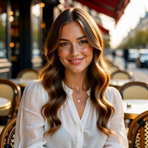 Photorealistic portrait of a beautiful young woman with long wavy chestnut hair and soft freckles, white linen blouse, sunlit Parisian cafe terrace, gentle smile, 85mm lens, shallow depth of field, golden hour.