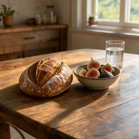 A rustic wooden kitchen table by a window with a freshly baked sourdough loaf, a ceramic bowl of ripe figs and a glass of water, warm morning sunlight casting long soft shadows, shallow depth of field, photorealistic food photography.