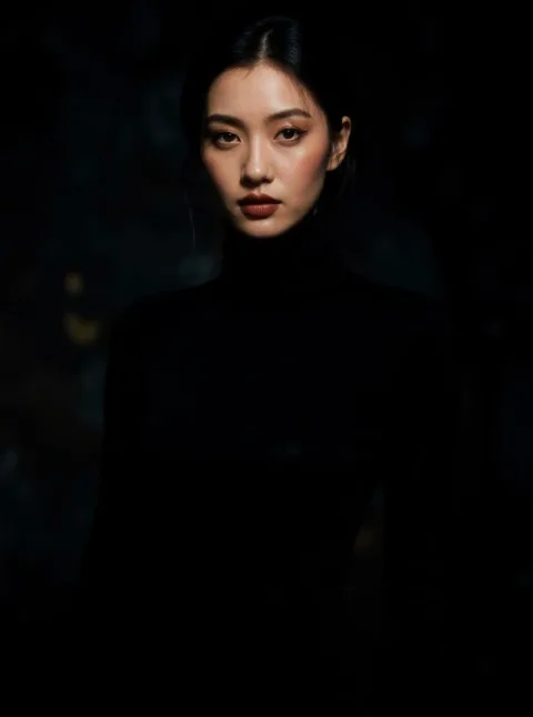 convert to high fashion editorial style, add dramatic shadows and high contrast lighting, replace white wall with abstract textured backdrop, enhance makeup with bold colors, keep outfit but stylize pose and expression for a Vogue magazine look
