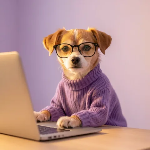 a small intelligent dog wearing glasses and a purple knit sweater sitting at a laptop, looking at the camera as if welcoming the viewer, soft warm lighting, background in pastel lilac tones, minimalist setup, cozy and photorealistic style, cinematic composition, shallow depth of field, style photographic 