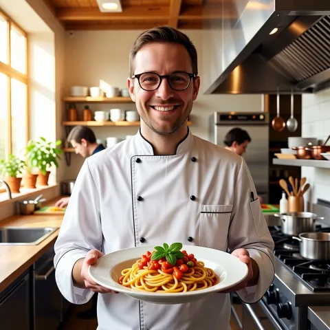 Keep his face, glasses and smile unchanged. Turn him into a chef wearing a white double-breasted chef jacket, proudly holding a plate of freshly made pasta in a bright modern restaurant kitchen, warm natural light. No text, no logos.