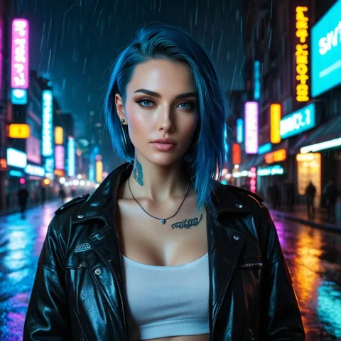 A striking cyberpunk woman, confident and edgy. Her short, electric blue hair glows softly under neon city lights. She has intricate facial tattoos and a small, subtle data implant near her ear. Wearing a jacket. Shot at night in a bustling, rainy futuristic city street. Dynamic lighting, high contrast, atmospheric, volumetric fog, digital art, 4K.