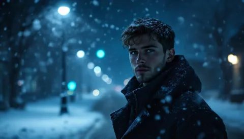 A cinematic winter portrait of a young man standing under a streetlamp during heavy snowfall. His dark coat is dusted with snowflakes, and his breath is visible in the freezing air. The street is deserted, bathed in moody blue light, evoking quiet isolation.