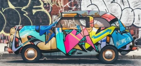 Spray paint the graffiti from Figure 2 onto the car in Figure 1.