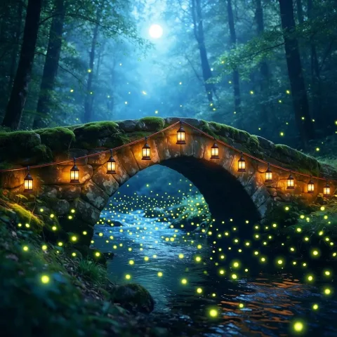 Turn this forest scene into a magical night: fireflies glowing above the stream, soft blue moonlight filtering through the trees, and warm glowing lanterns hanging along the stone bridge. Keep the bridge, stream and composition unchanged.