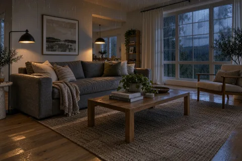 Turn the scene into a rainy evening: warm lamps switched on, dusk light through the window with raindrops on the glass. Keep the furniture and layout unchanged.
